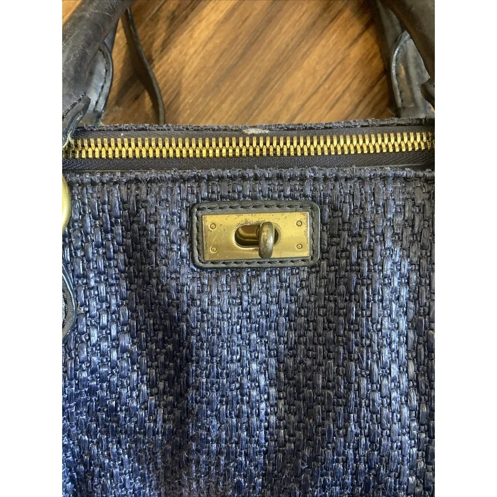 J.CREW Midnight Blue Woven Nylon Leather Trim Turnlock Satchel Shoulder Bag READ